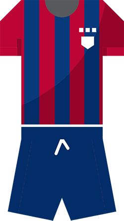 Old Lyonians home kit: blue and red vertical striped shirt with blue shorts